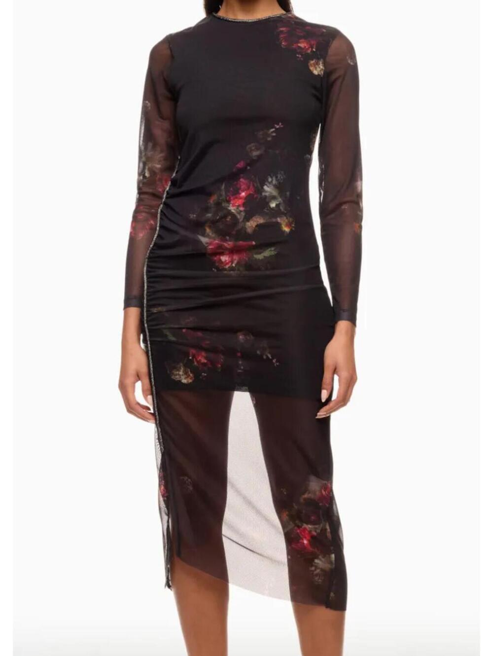 ALLSAINTS black Nora ruched mesh long sleeve midi dress sz 10